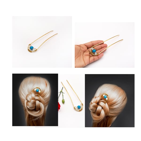 Handmade blue quartz  brass  Hair Fork, Hair Pin, Hair Bun Holder,