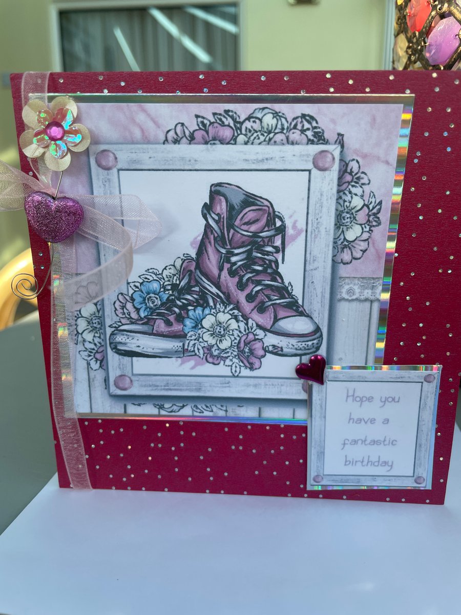 Pretty in pink Baseball boots and flowers Happy Birthday card