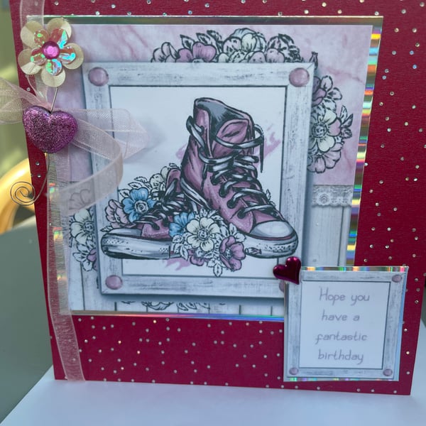 Pretty in pink Baseball boots and flowers Happy Birthday card