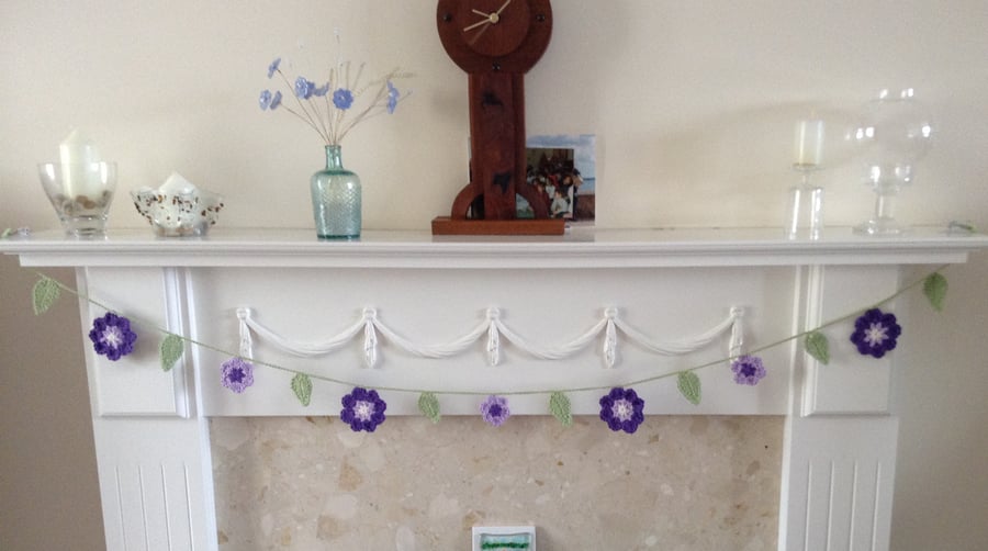 Crochet Flower Garland in Purple, Lilac, White and Green