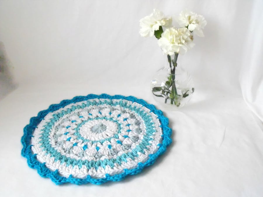 11 inch turquoise crochet mandala,  crisp clean crocheted cotton doily 