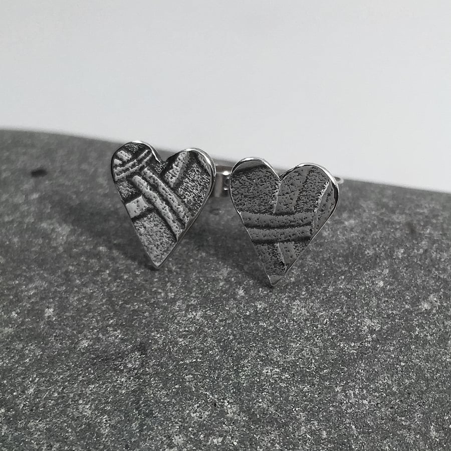 Small oxidised silver heart stud earrings, love hearts, love token, valentine