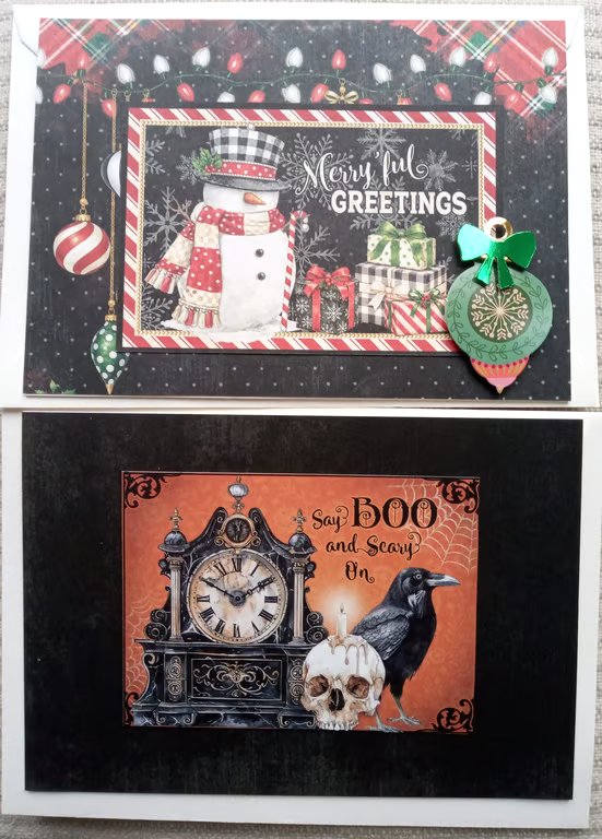 Set of Two Vintage-Style Cards - Christmas Card - Halloween Card 
