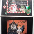 Set of Two Vintage-Style Cards - Christmas Card - Halloween Card 