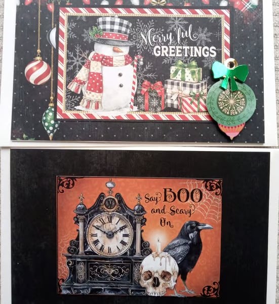 Set of Two Vintage-Style Cards - Christmas Card - Halloween Card 