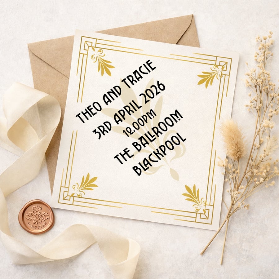 Art Deco Wedding Invitation, RSVP & Details Set with Handmade Envelopes