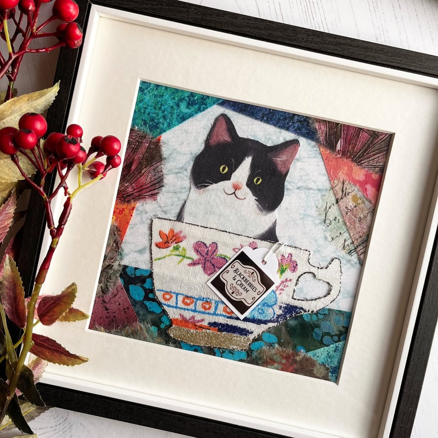 Mixed media artwork of cat, Tuxedo cat picture, Gift for cat lover, funny cat