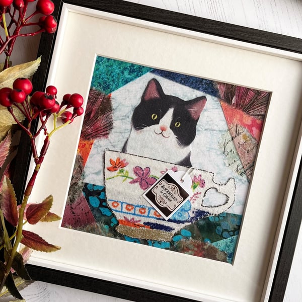 Mixed media artwork of cat, Tuxedo cat picture, Gift for cat lover, funny cat