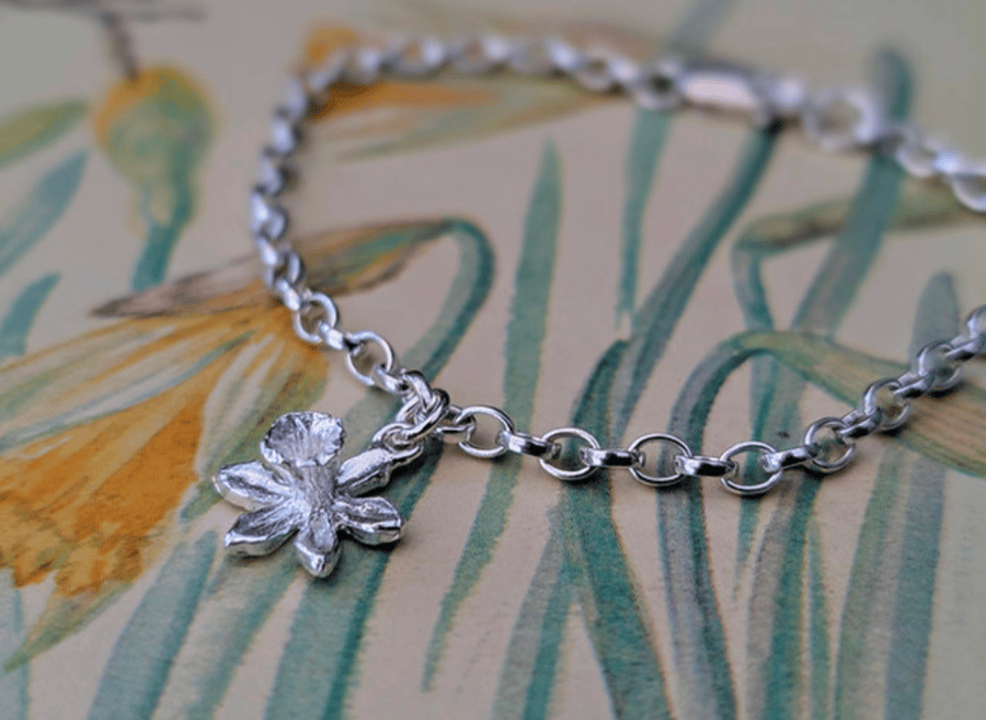 Silver Daffodil Bracelet, Spring Welsh Flower Jewellery