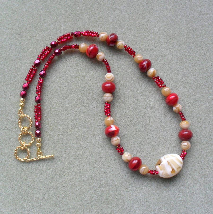 Red and Gold Glass Beaded Necklace Christmas Necklace 