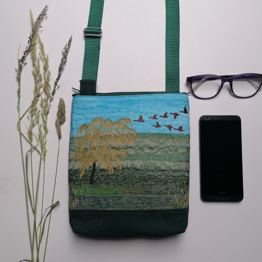 Small Crossbody bag with embroidered Tree, quilted Landscape and Flying Birds