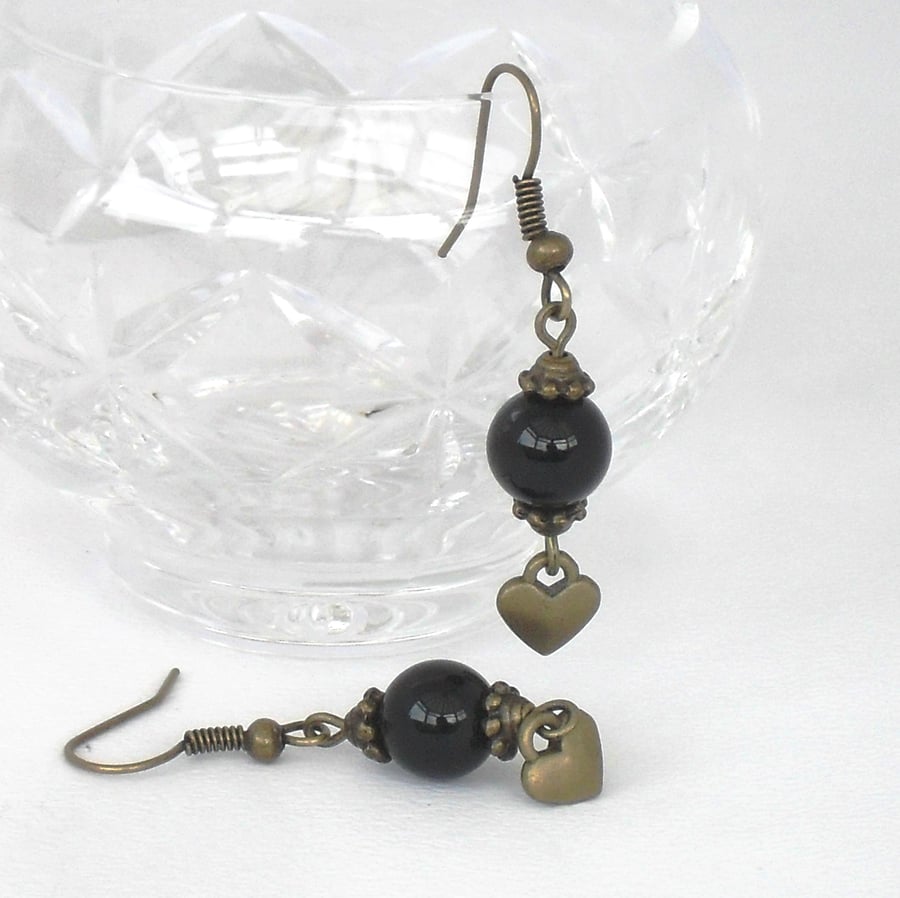 Black onyx handmade earrings with bronze heart charm