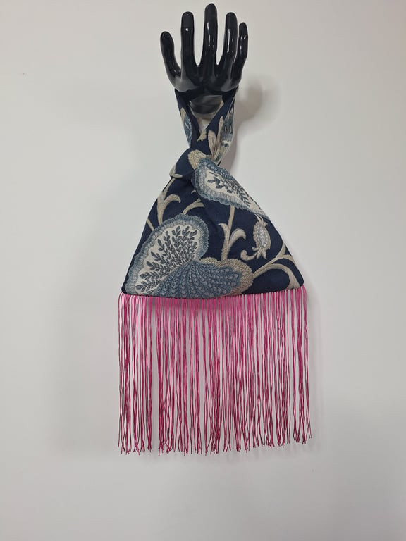 Navy Botanical Jacquard woven fabric Japanese Knot bag with 20cm hot pink tassel