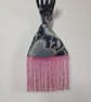 Navy Botanical Jacquard woven fabric Japanese Knot bag with 20cm hot pink tassel