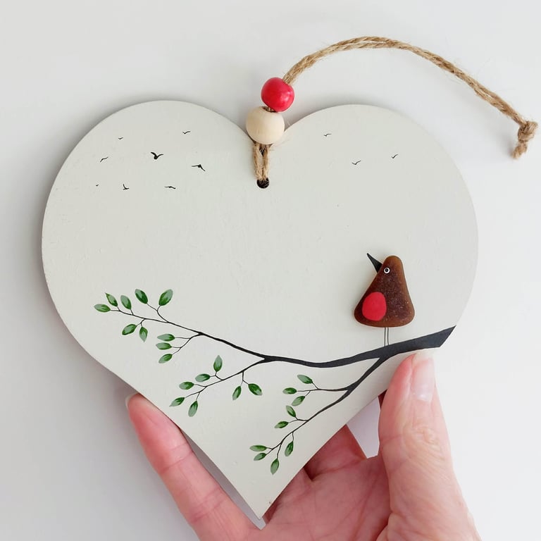 Sea Glass Robin Heart Decoration - Beach Glass Ornament on Wooden Heart