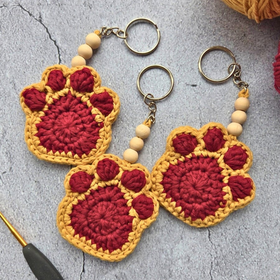 Crochet Paw Print Keyring In Burgundy & Mustard - Pet Lover Gift
