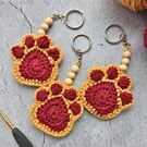 Crochet Paw Print Keyring In Burgundy & Mustard - Pet Lover Gift