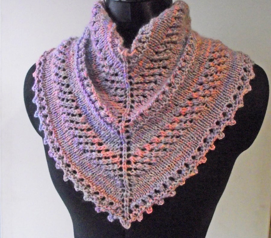 Neckwarmer, Kerchief Cowl, Scarf, Knitted Handspun, Lilac, Peach Merino