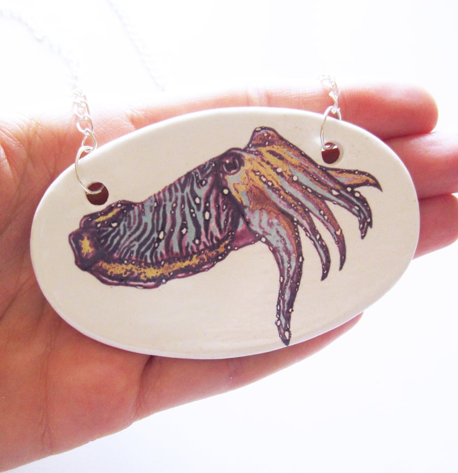 Large Handmade Cuttlefish Design Oval Ceramic Pendant on Silver Colour Chain