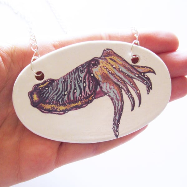 Large Handmade Cuttlefish Design Oval Ceramic Pendant on Silver Colour Chain
