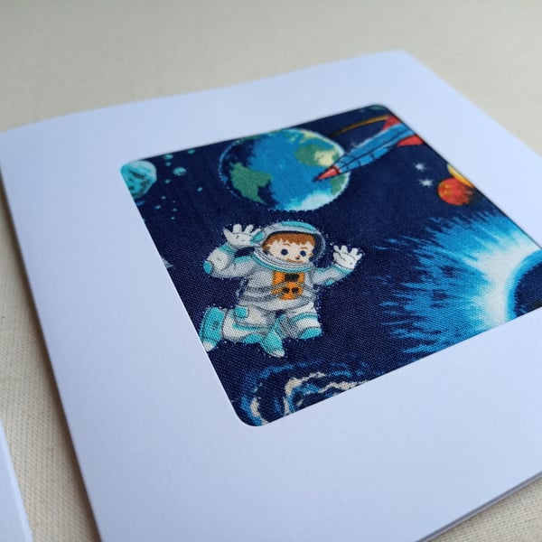 Birthday or occasion card for child - Spaceman quilted fabric - blank 