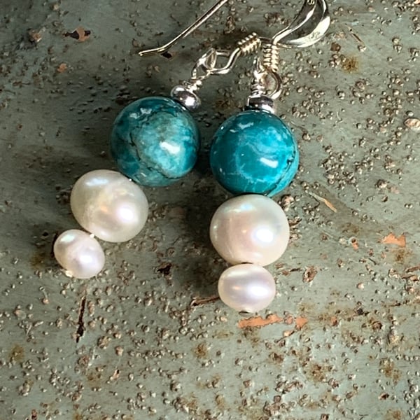 Gorgeous Turquoise and pearl & sterling silver earrings FREE UK POSTAGE