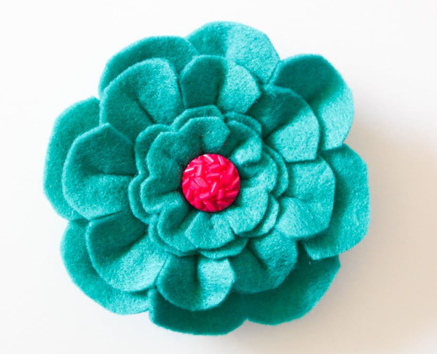 Flower brooch, Gift for her, Teal felt flower pin