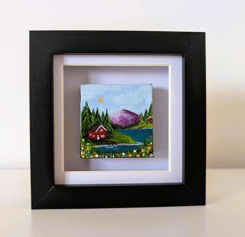 Cottage By The Lake Small 5cm Original Painting Framed