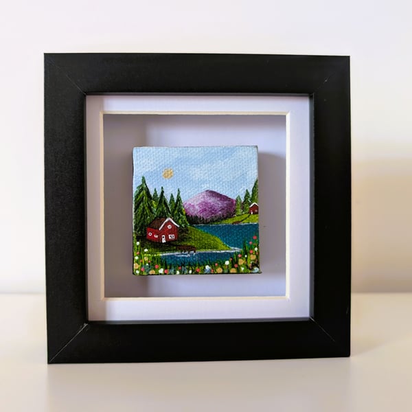 Cottage By The Lake Small 5cm Original Painting Framed