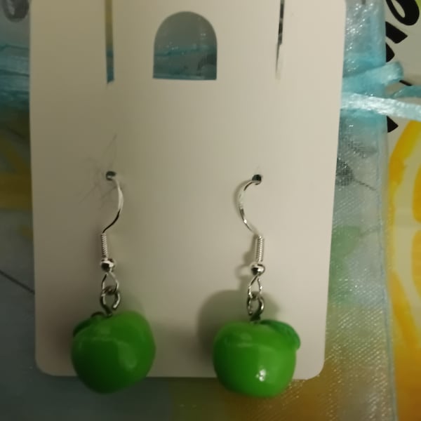 Silver plated apple green bead drop earrings,  really cute.