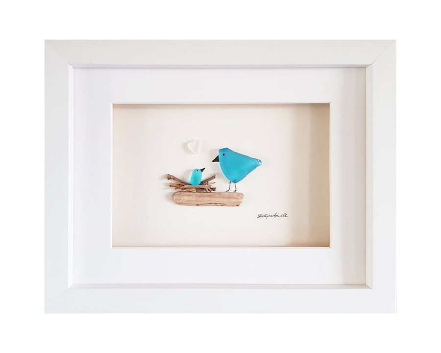 Blue Nesting Birds - Sea Glass Picture - Framed Unique Handmade Art