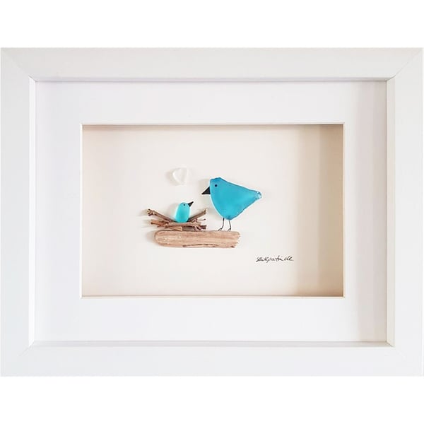 Blue Nesting Birds - Sea Glass Picture - Framed Unique Handmade Art