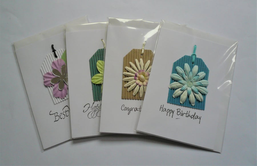 4 Pack Greetings Card Multicoloured Hanging Tag Shell Sea Glass Embellished 