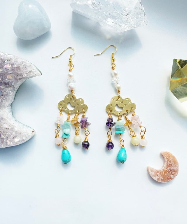 Crystal Raincloud Gold Boho Earring, Aquamarine, Rose Quartz,Citrine, Amethyst