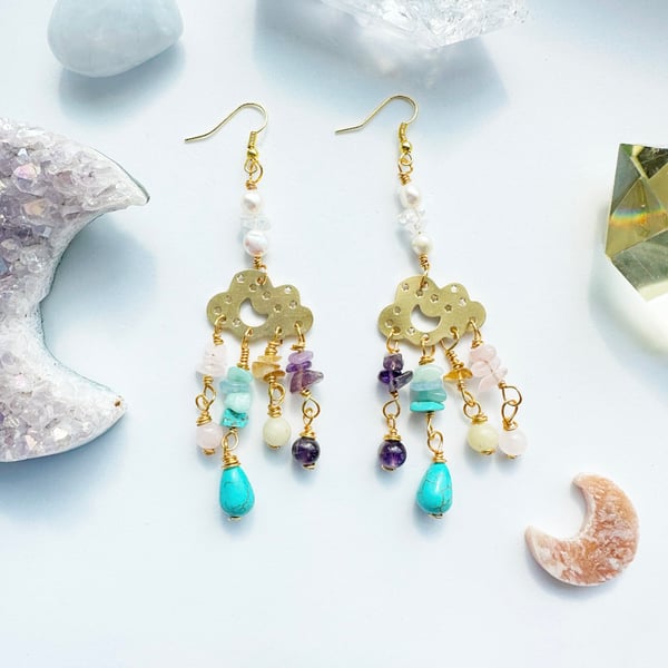 Crystal Raincloud Gold Boho Earring, Aquamarine, Rose Quartz,Citrine, Amethyst