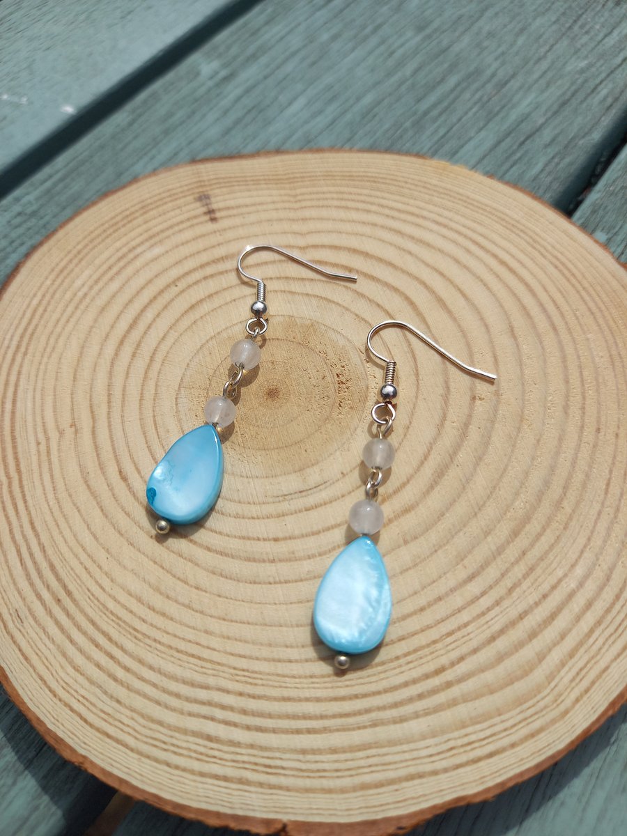 Small Shell Drops and Quartzite Earrings - Blue and White