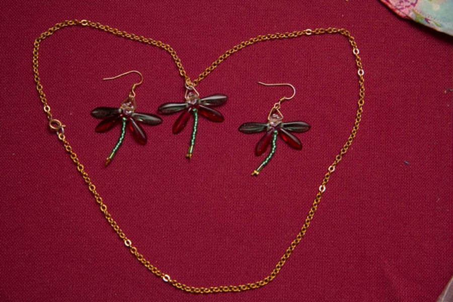 Red and Green Dragonfly Necklace and Earrings