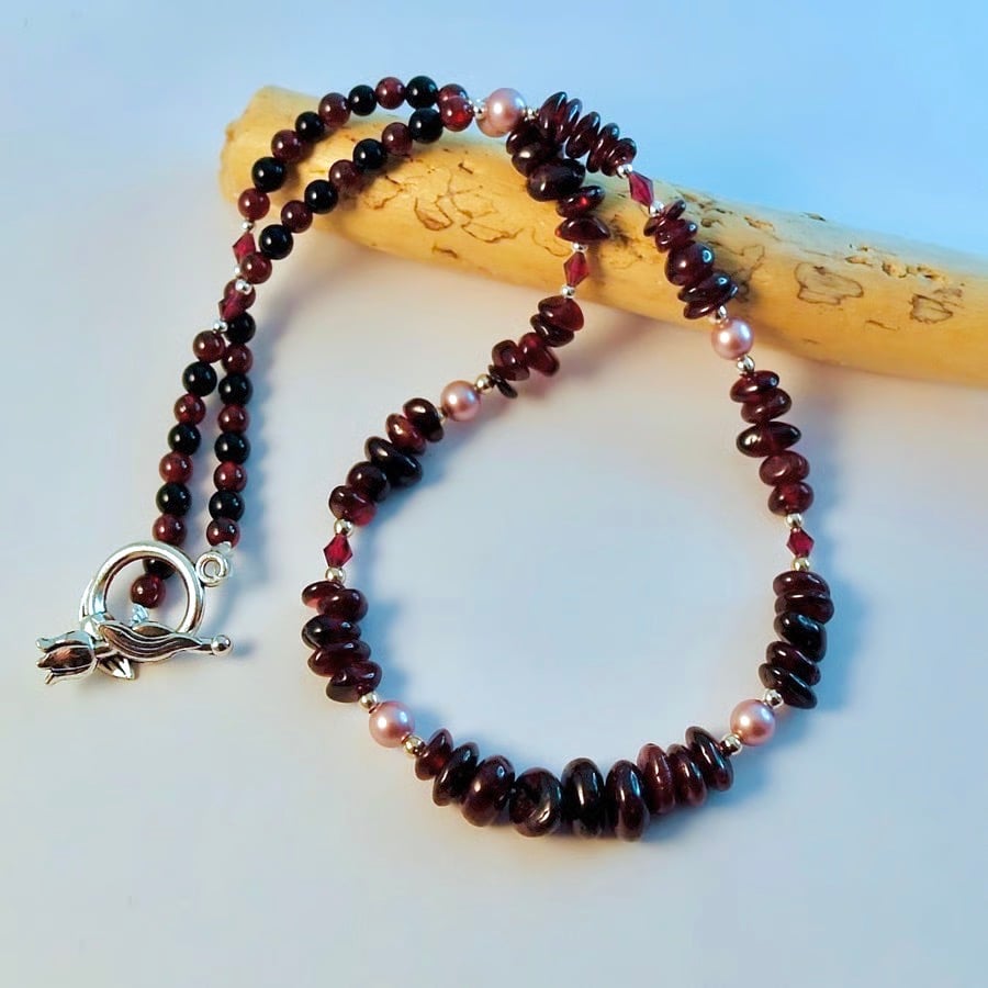 Garnet, Sterling Silver, Pearl Necklace, Birthday, Anniversary, Mothers Day Gift