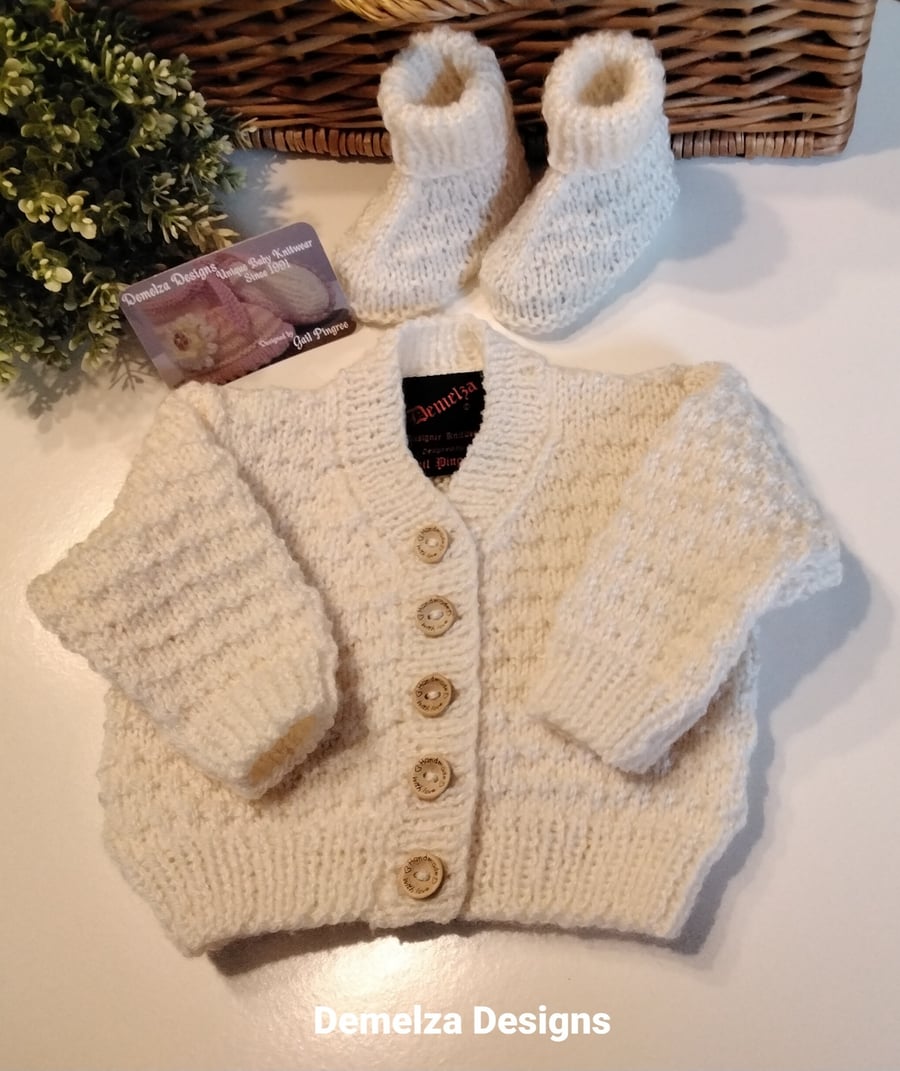 Cream Baby Hand Knitted Cardigan  & Matching Booties 0-6 months size