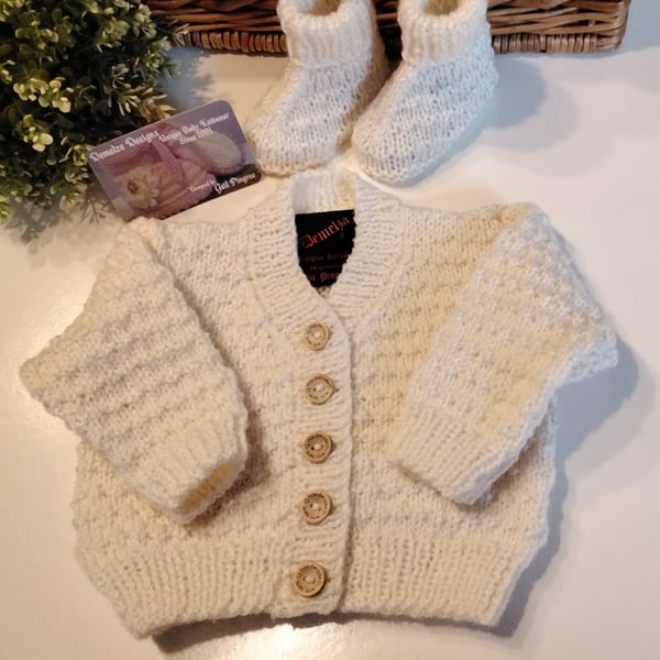 Cream Baby Hand Knitted Cardigan  & Matching Booties 0-6 months size