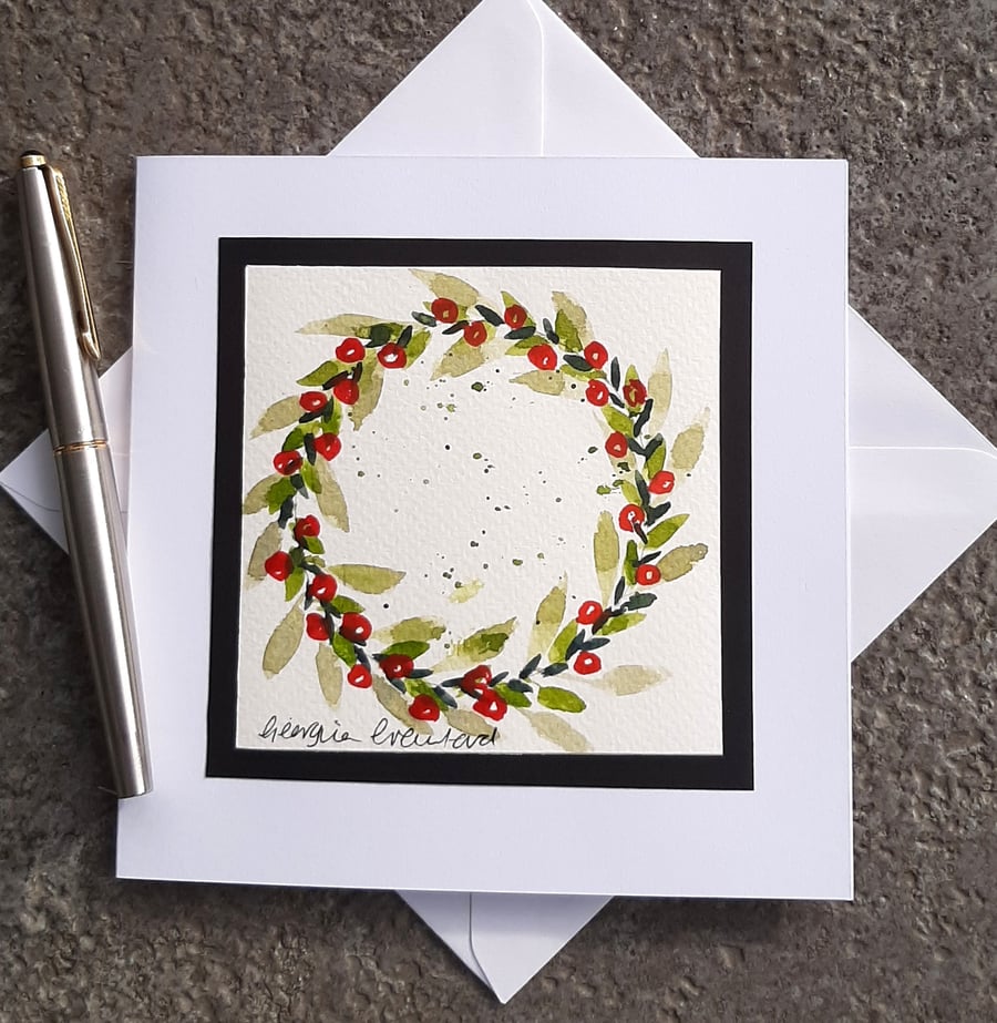 Handpainted Blank Christmas Card. Christmas Wreath with Red Berries