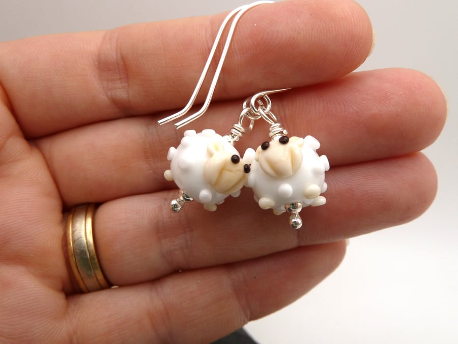 lampwork glass sheep earrings, sterling silver jewellery