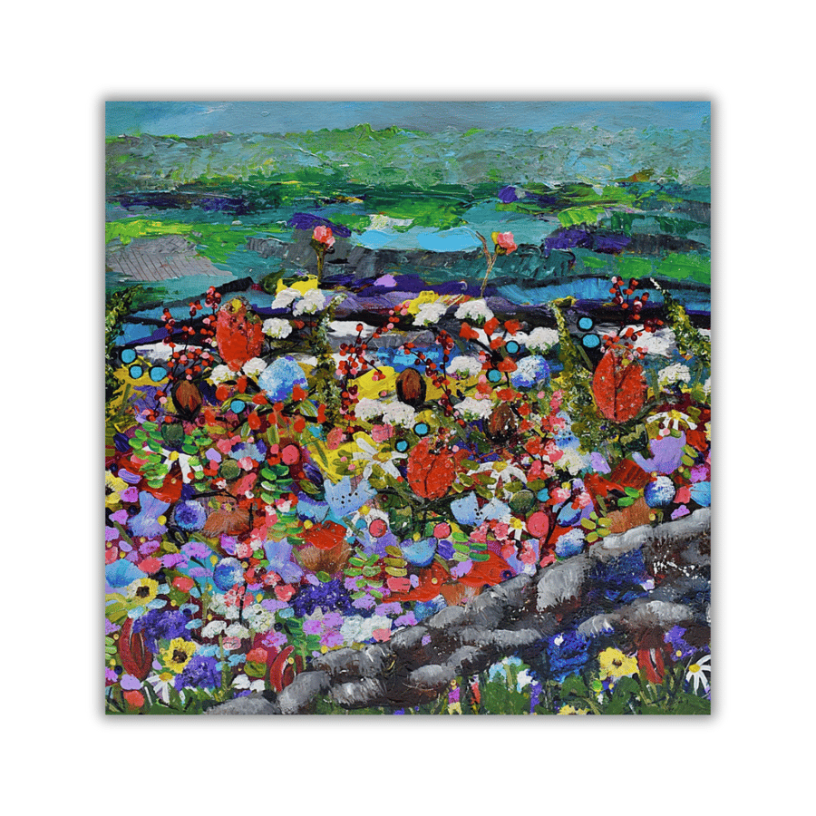 A framed Scottish landscape painting - rivers and wildflowers - acrylic.