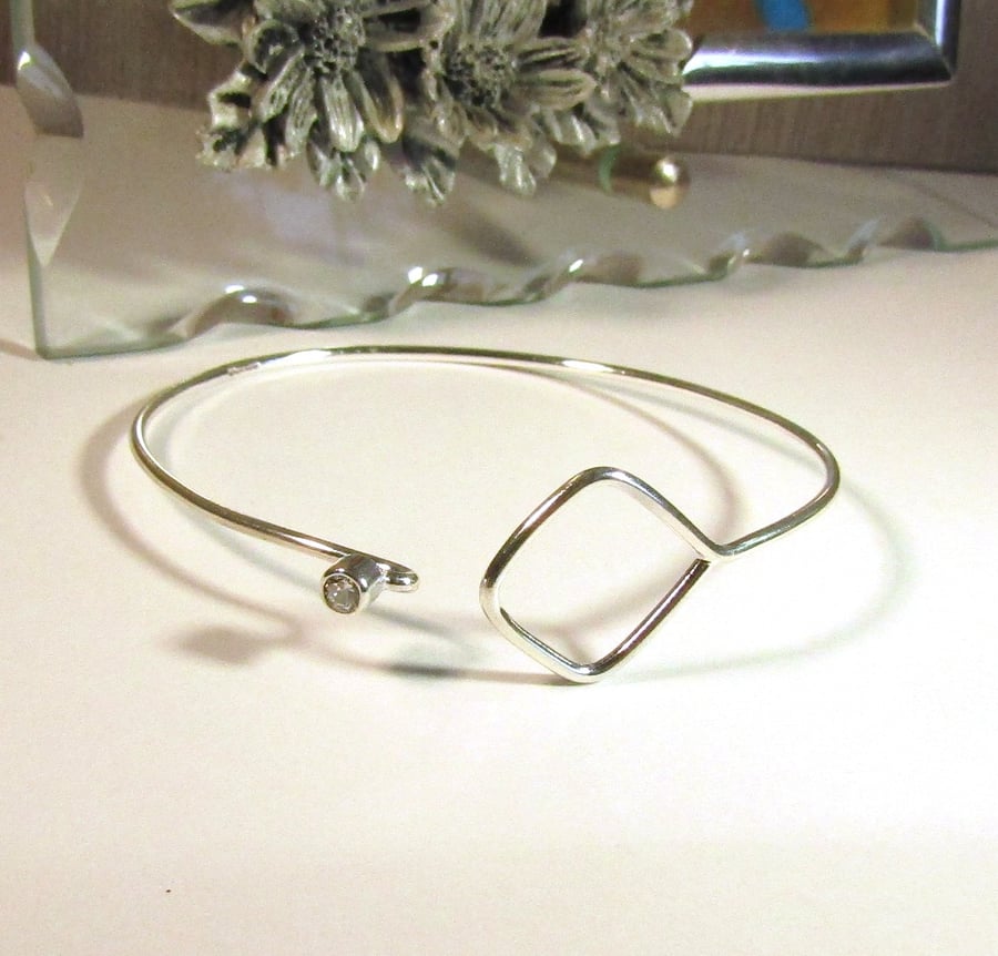 skinny geomtric bangle sterling silver with cubic zirconia sparkle, gift for her
