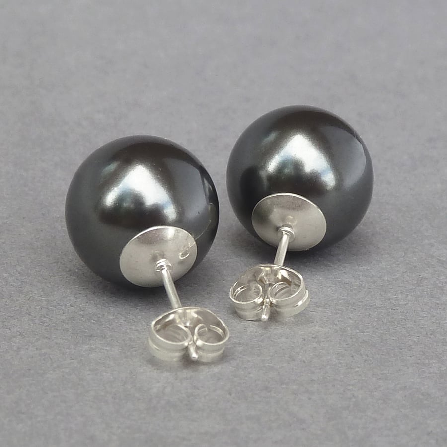 12mm Chunky Black Pearl Stud Earrings - Large Round Dark Grey Studs - Gifts
