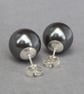 12mm Chunky Black Pearl Stud Earrings - Large Round Dark Grey Studs - Gifts