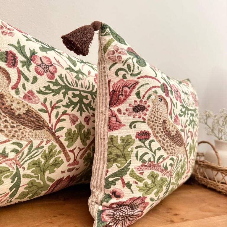 William Morris Strawberry Thief Cushion Cover - Rose & Green, Ticking Stripe