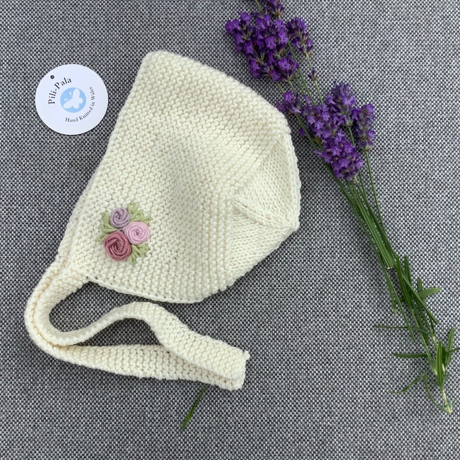 Hand Knitted Cashmere Blend Baby Girl Bonnet 0-3 Months 