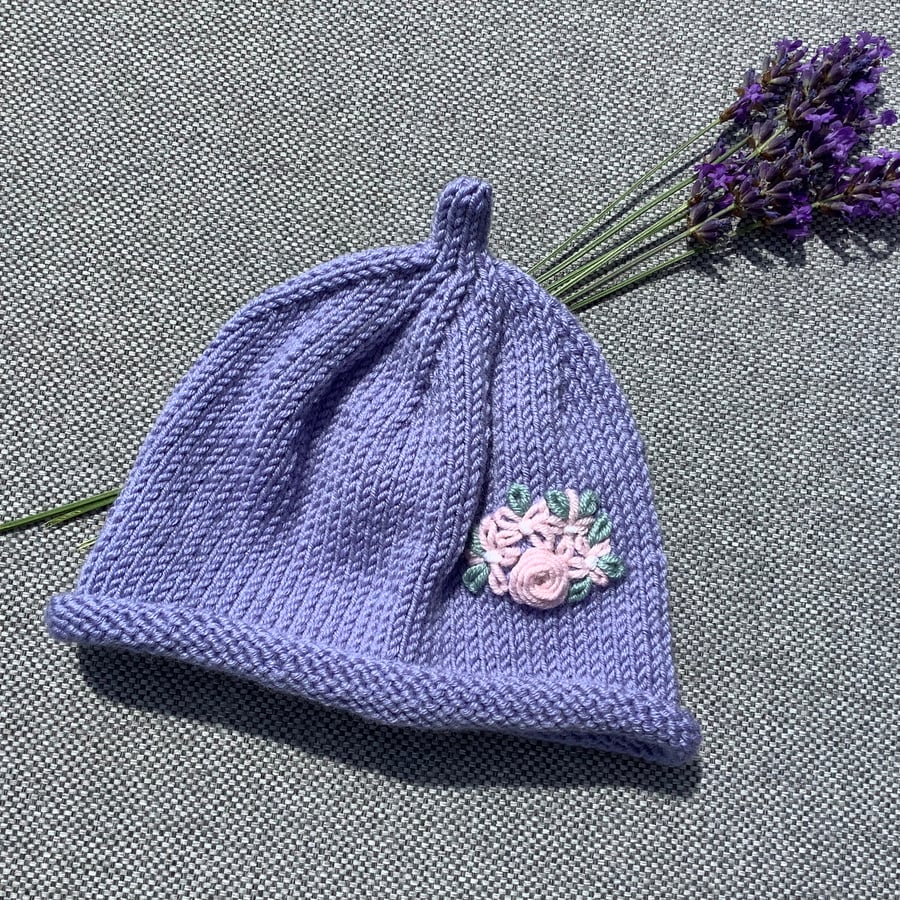 Hand Knitted Cashmere Blend Baby Girl Beanie 0-6 Months 