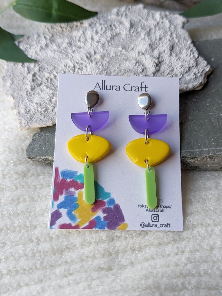 Purple Yellow Green Clash Stud Drop Earrings 